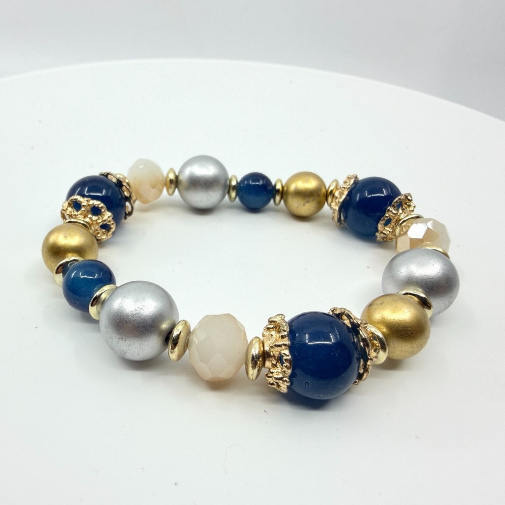 VTG Multi Bead Stretch Bracelet Gold & Silver Blue Chunky Statement Jewelry